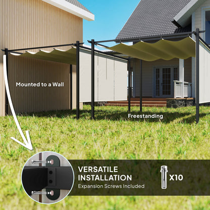Outsunny 3 x 4m Metal Pergola with Retractable Roof and Roller Shade, Wall-Mounted or Free Standing Garden Gazebo Canopy Pergola Kit, UPF30+ Outdoor Sun Shade Shelter, Beige 