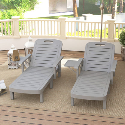 Outsunny Set of 2 Resin Reclining Sun Loungers for Garden, 5 Positions Adjustable Outdoor Chaise Lounge Chairs with Wood Texture Surface, Armrests, Foldable Side Table for Garden, Beach, Light Grey 