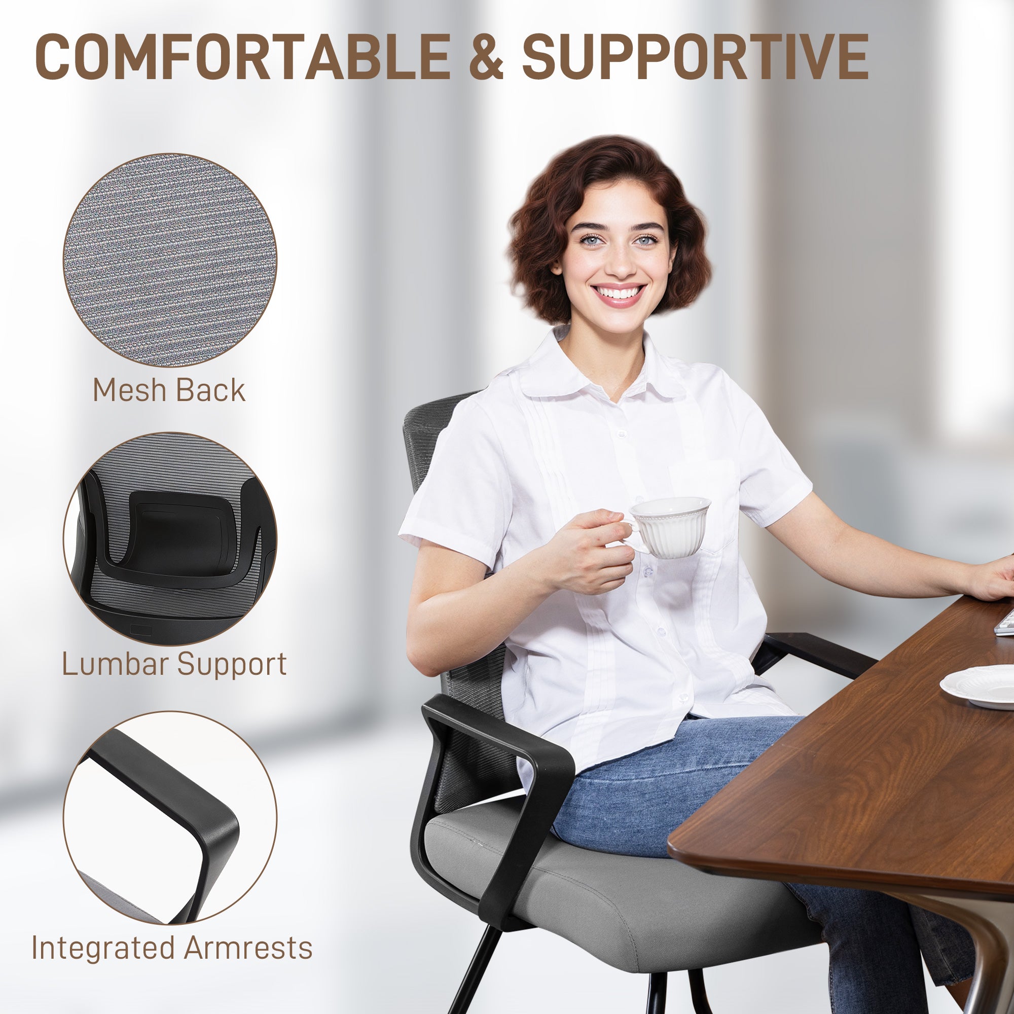 HOMCOM Desk Chair No Wheels, Office Chair with Mesh Back, Lumbar Support, Metal Base for Waiting Room, Conference Room, Dark Grey 
