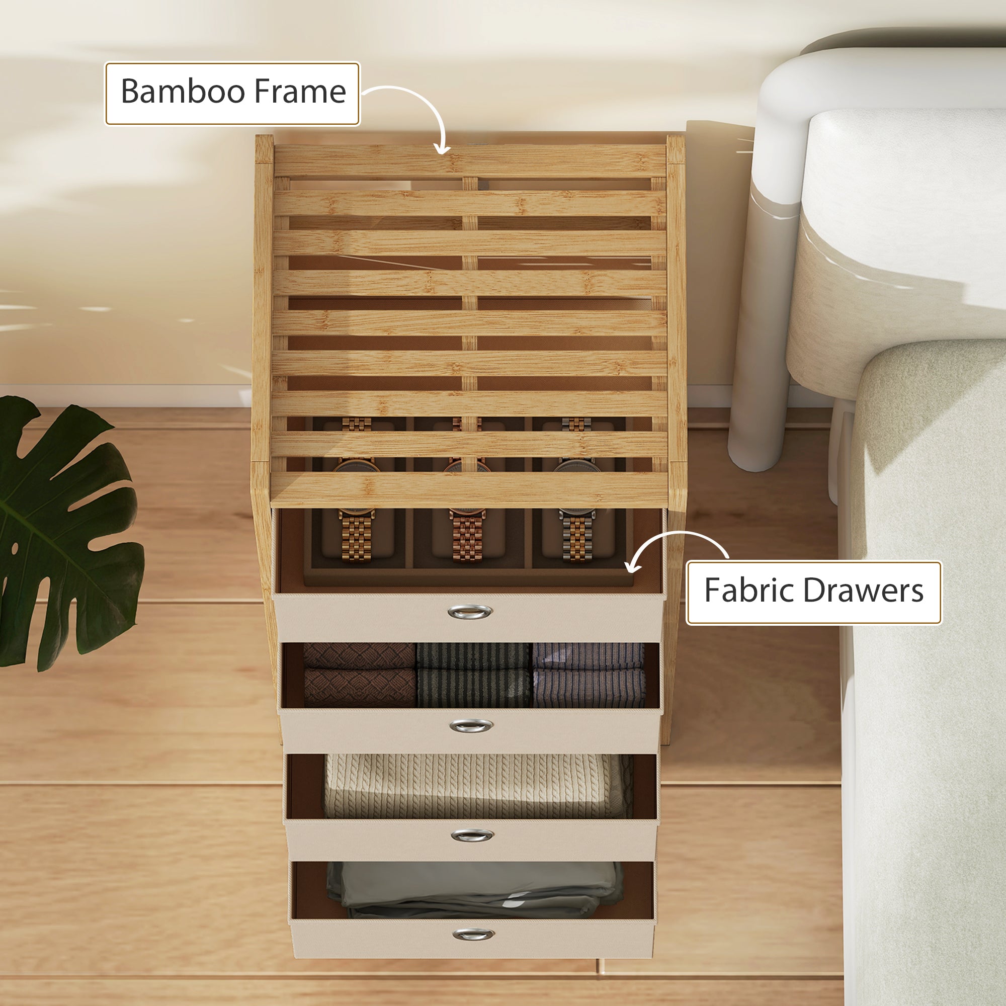 HOMCOM Chest of Drawers, 4 Fabric Drawers Narrow Dresser with Bamboo Frame, Cream White 