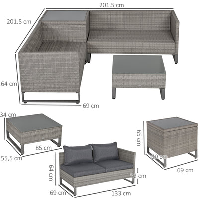 Outsunny 4 Pieces Rattan Garden Furniture Set, 4 Seater Garden Sofa Set with Storage Box, Loveseats and Glass Top Table, Wicker Outdoor Conservatory Furniture with Cushions for Outdoor, Patio, Grey 