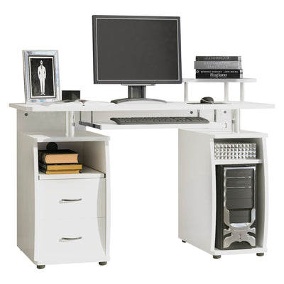 HOMCOM Computer Desk Office PC Table Workstation with Keyboard Tray, CPU Shelf, Drawers, Sliding Scanner Shelf, White 