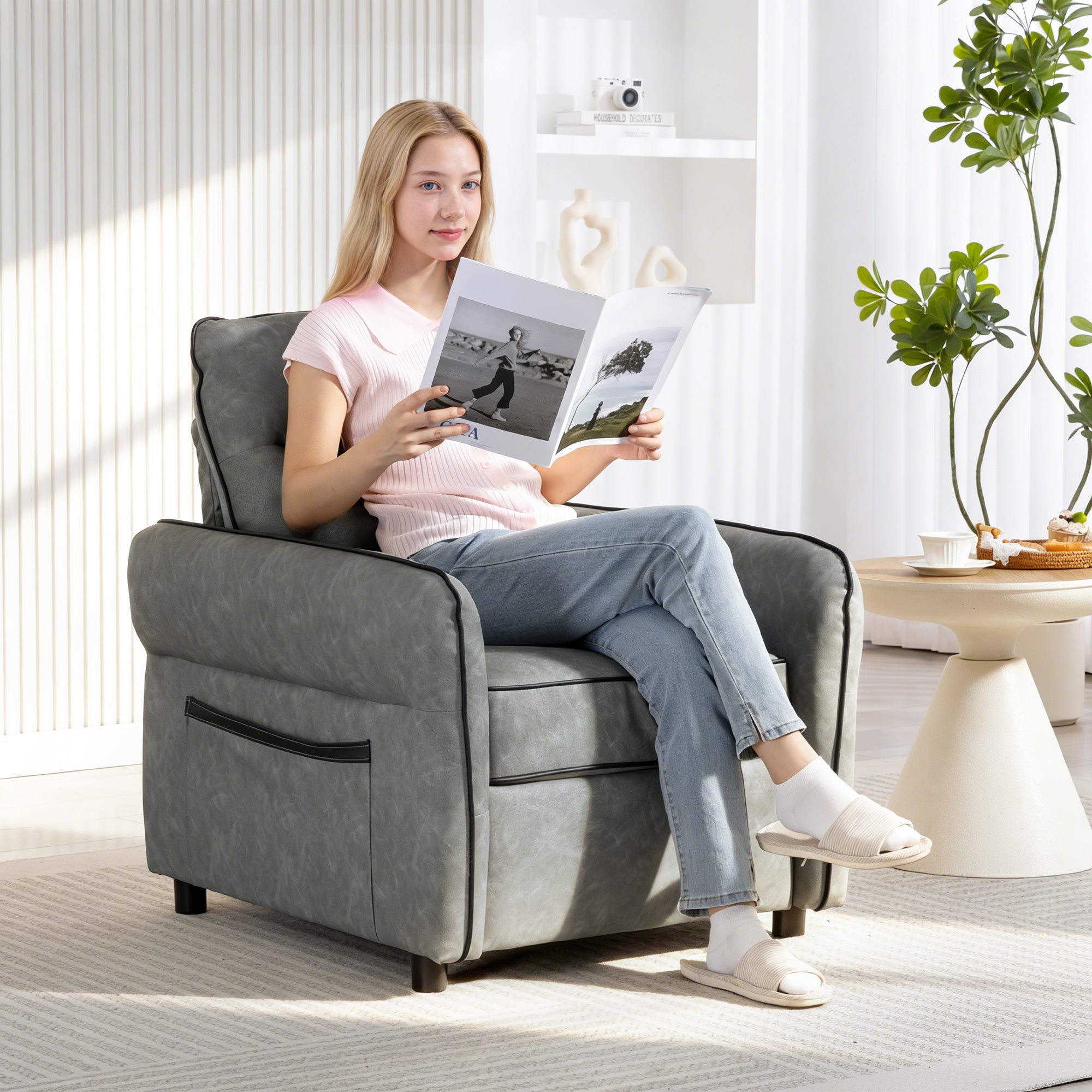 HOMCOM Accent Chair, Faux Leather Armchair - Grey 