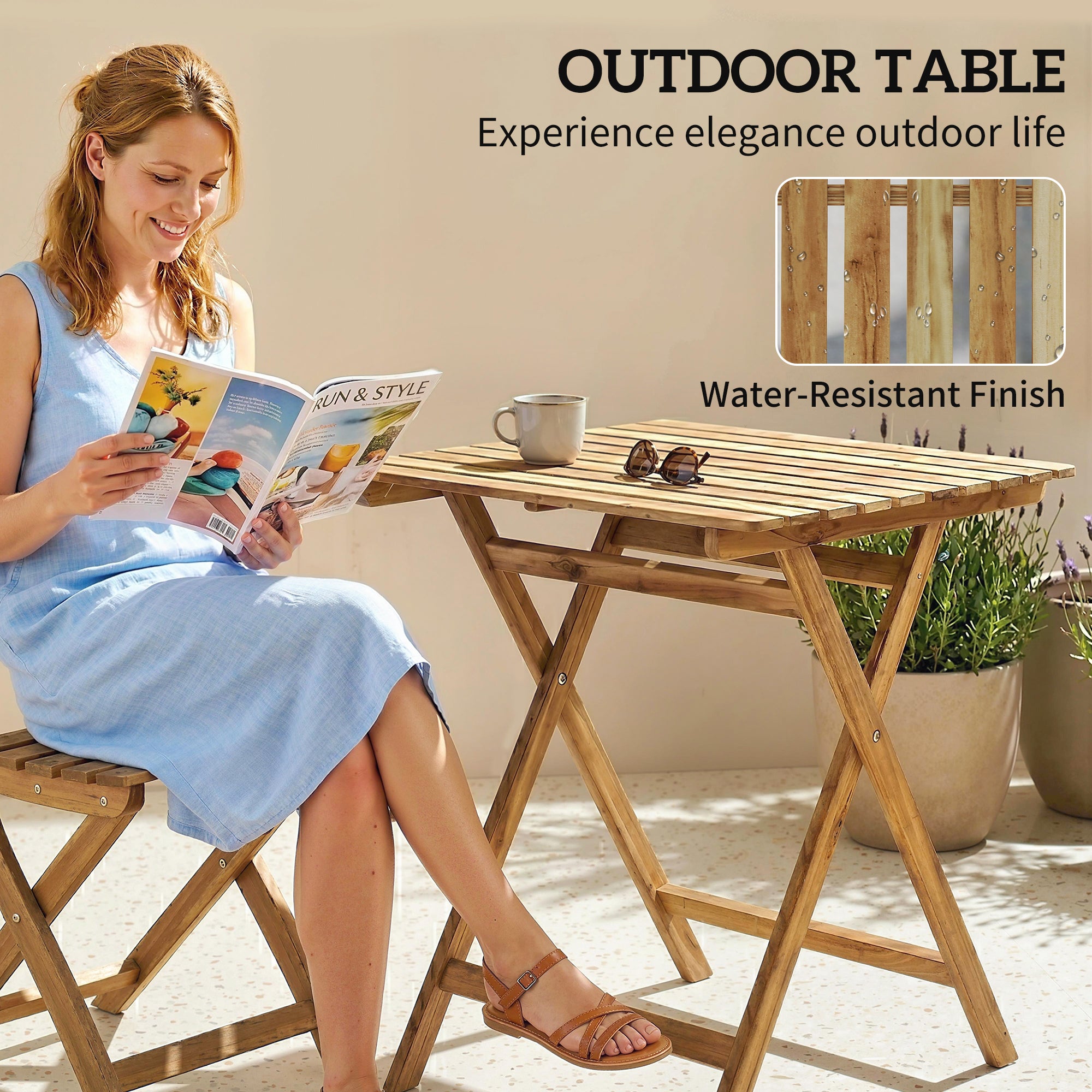 Outsunny Outdoor Coffee Table Foldable Wooden Garden Table for Patio Balcony Natural Wood 