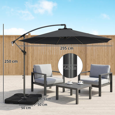 Outsunny 3m Overhanging Parasol, with Base, Weights and Cover - Black 