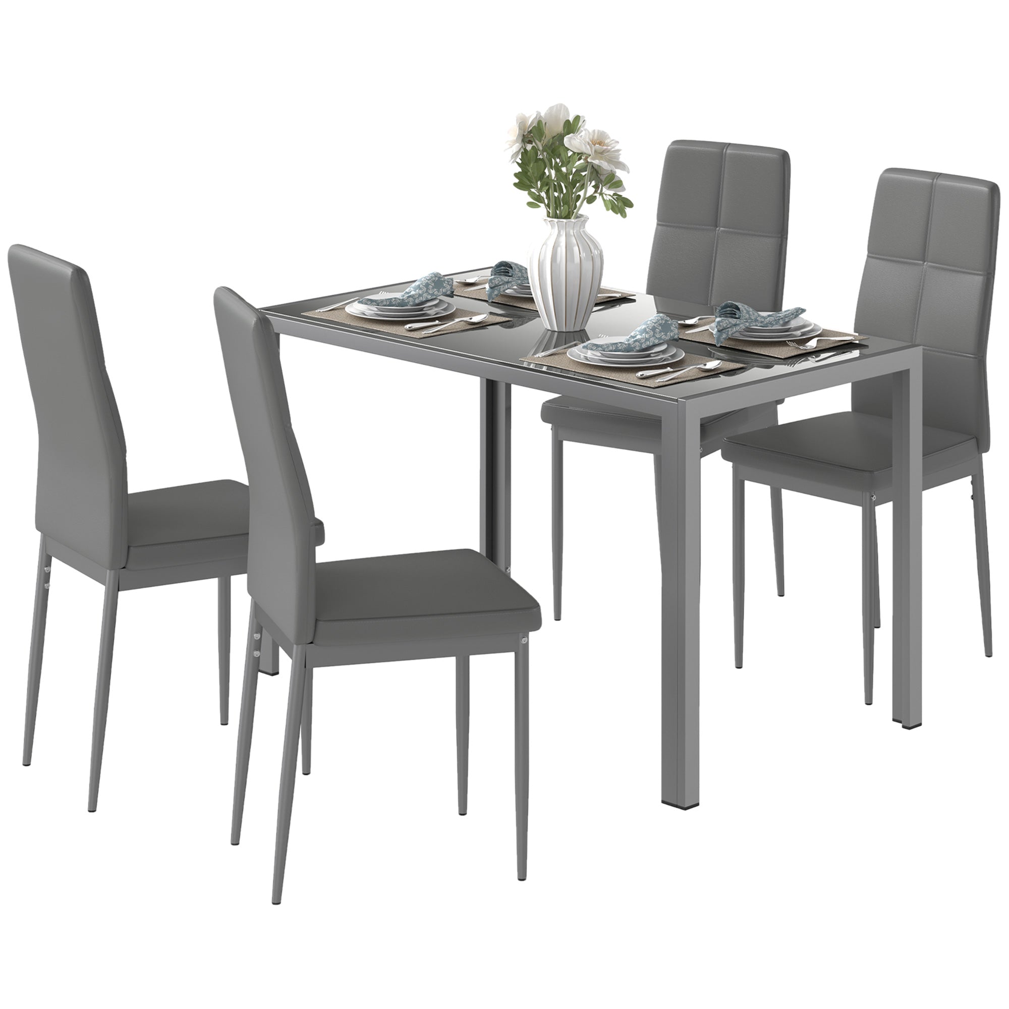 HOMCOM 5-Piece Kitchen Dining Table Set with 4 Faux Leather Metal Frame Chairs Glass Tabletop Desk for Dining Room, Kitchen, Dinette, Grey 