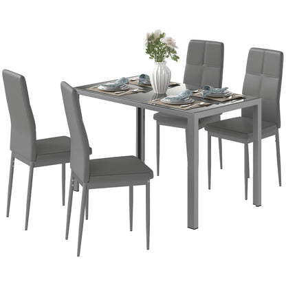 HOMCOM 5-Piece Kitchen Dining Table Set with 4 Faux Leather Metal Frame Chairs Glass Tabletop Desk for Dining Room, Kitchen, Dinette, Grey 