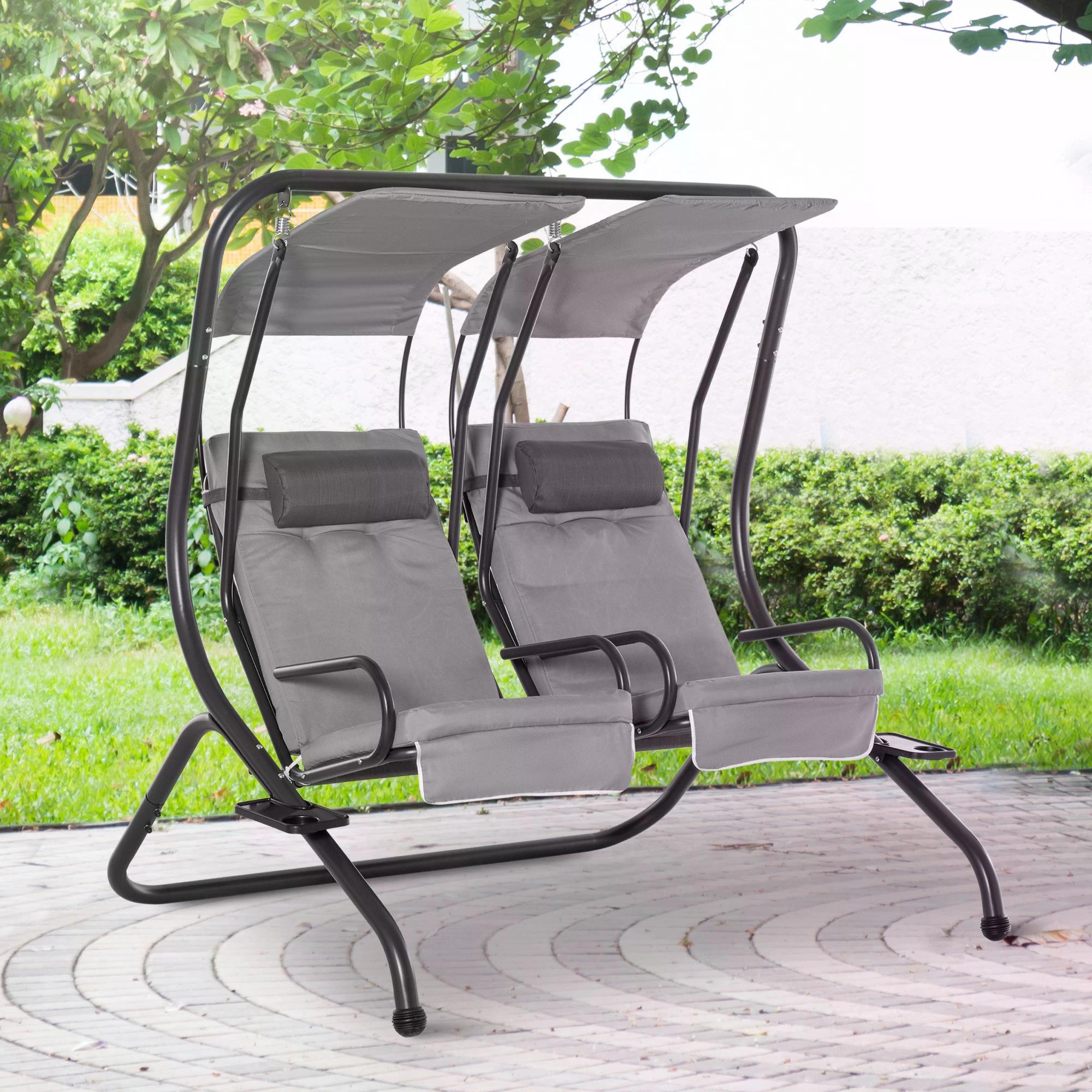 Outsunny Canopy Swing 2 Separate Relax Chairs w/ Handrails and Removable Canopy Grey 