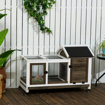 PawHut Wooden Rabbit Hutch, Guinea Pig Cage, with Removable Tray, Wheels - Brown 