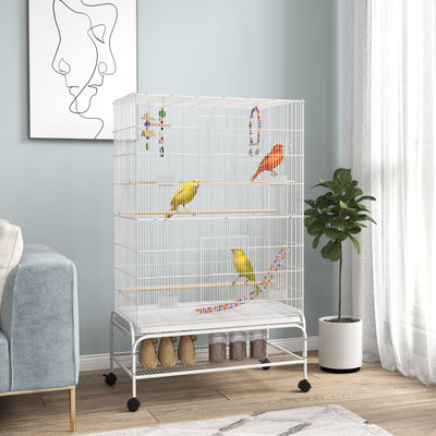 PawHut Bird Cage w/ Stand, Toys, Accessories, for Canaries, Finches, White 
