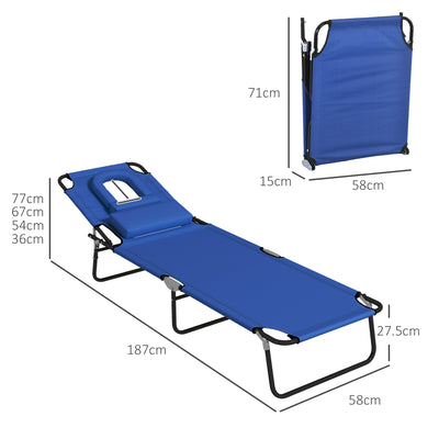 Outsunny Outdoor Foldable Sun Lounger Set of 2, 4 Level Adjustable Backrest Reclining Sun Lounger Chair with Pillow and Reading Hole, Blue 