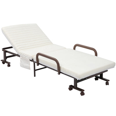 HOMCOM Folding Bed with Mattress, Single Guest Bed, Portable Fold Bed with Adjustable Backrest, Metal Frame on Wheels, White, 190 x 76 cm 