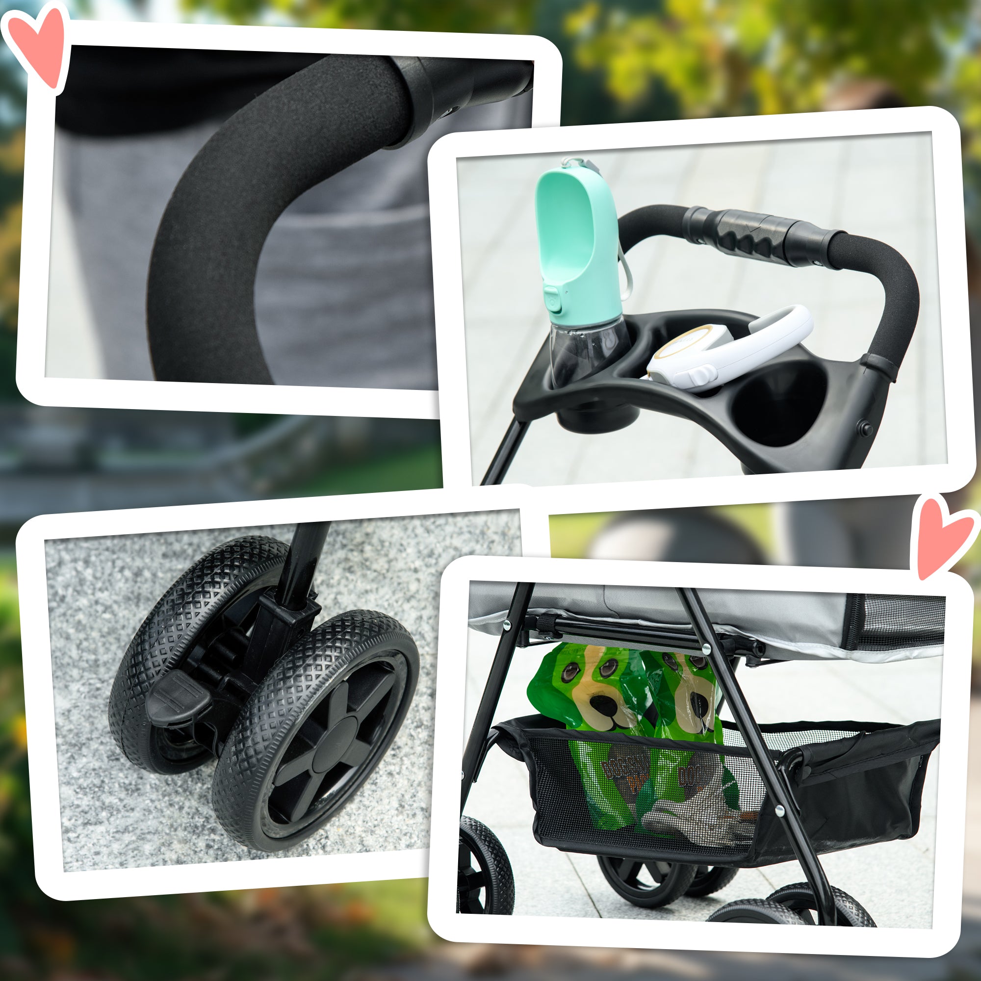 PawHut Dog Pram Dog Stroller Foldable Pet Pushchair with 4 Wheels, Safety Leashes, Cup Holder for Small Dogs, Grey 