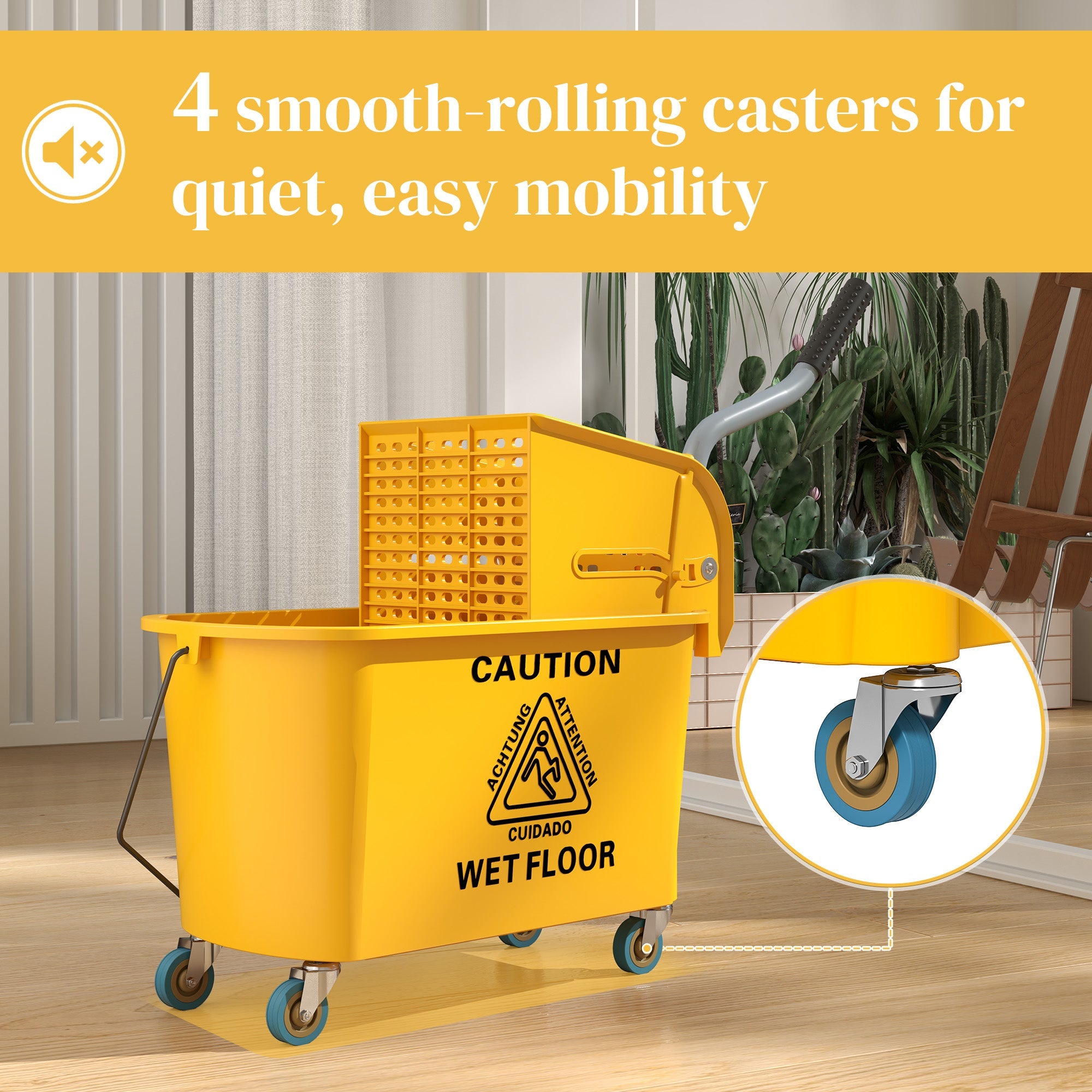 HOMCOM Mop Bucket with Wringer Set on Wheels for Floor Cleaning, 20 Litre Side Press Wringer with Handle and Mop, Yellow 