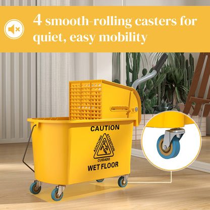 HOMCOM Mop Bucket with Wringer Set on Wheels for Floor Cleaning, 20 Litre Side Press Wringer with Handle and Mop, Yellow 