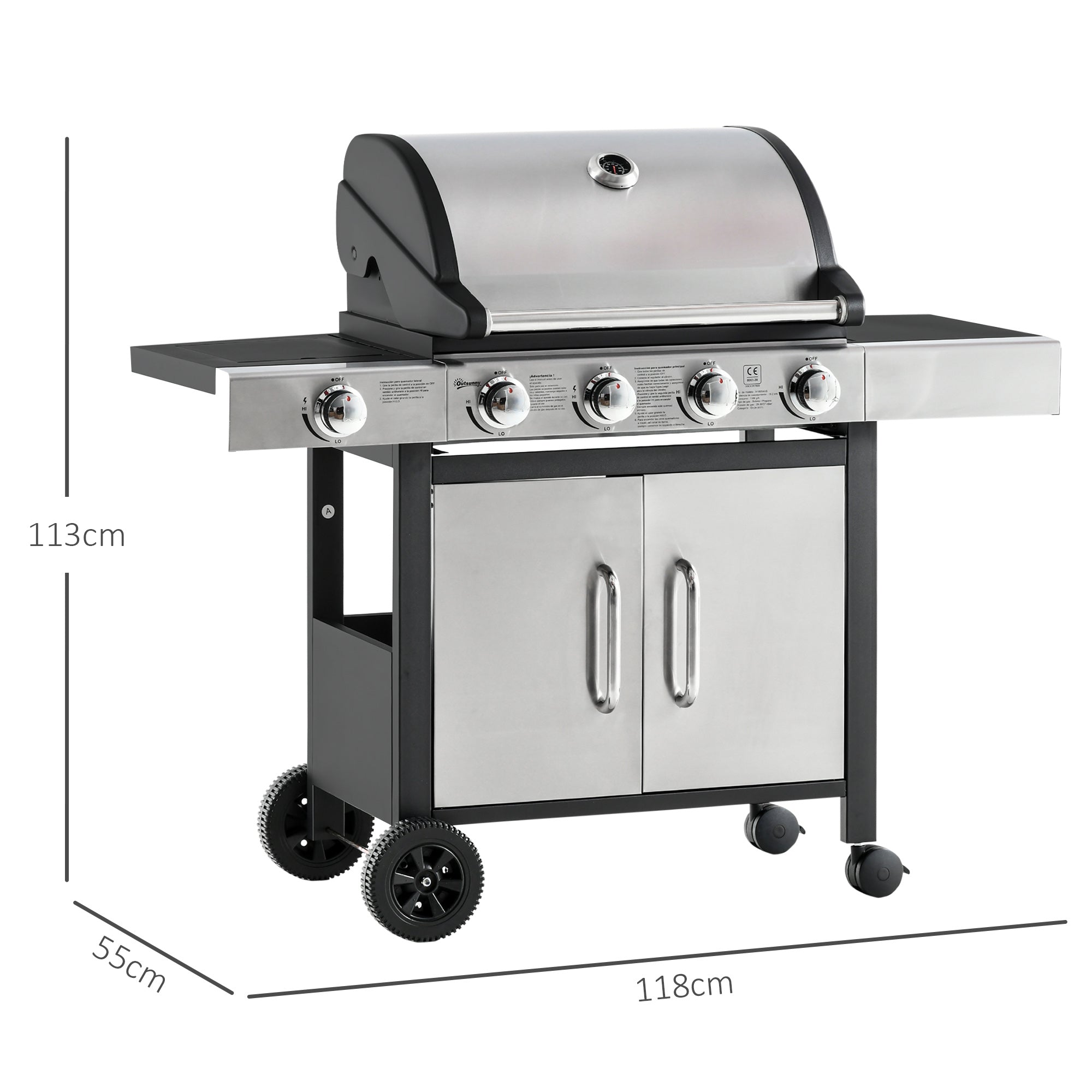 Outsunny Gas Barbecue Grill 4+1 Burner Garden Smoker BBQ Trolley w/ Side Burner Warming Rack Side Shelves Storage Cabinet Piezo Ignition Thermometer Stainless Steel + Metal 