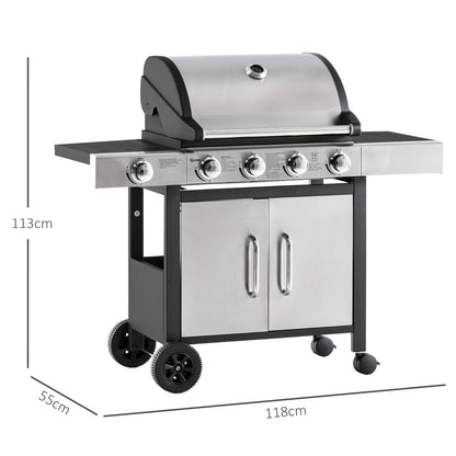 Outsunny Gas Barbecue Grill 4+1 Burner Garden Smoker BBQ Trolley w/ Side Burner Warming Rack Side Shelves Storage Cabinet Piezo Ignition Thermometer Stainless Steel + Metal 