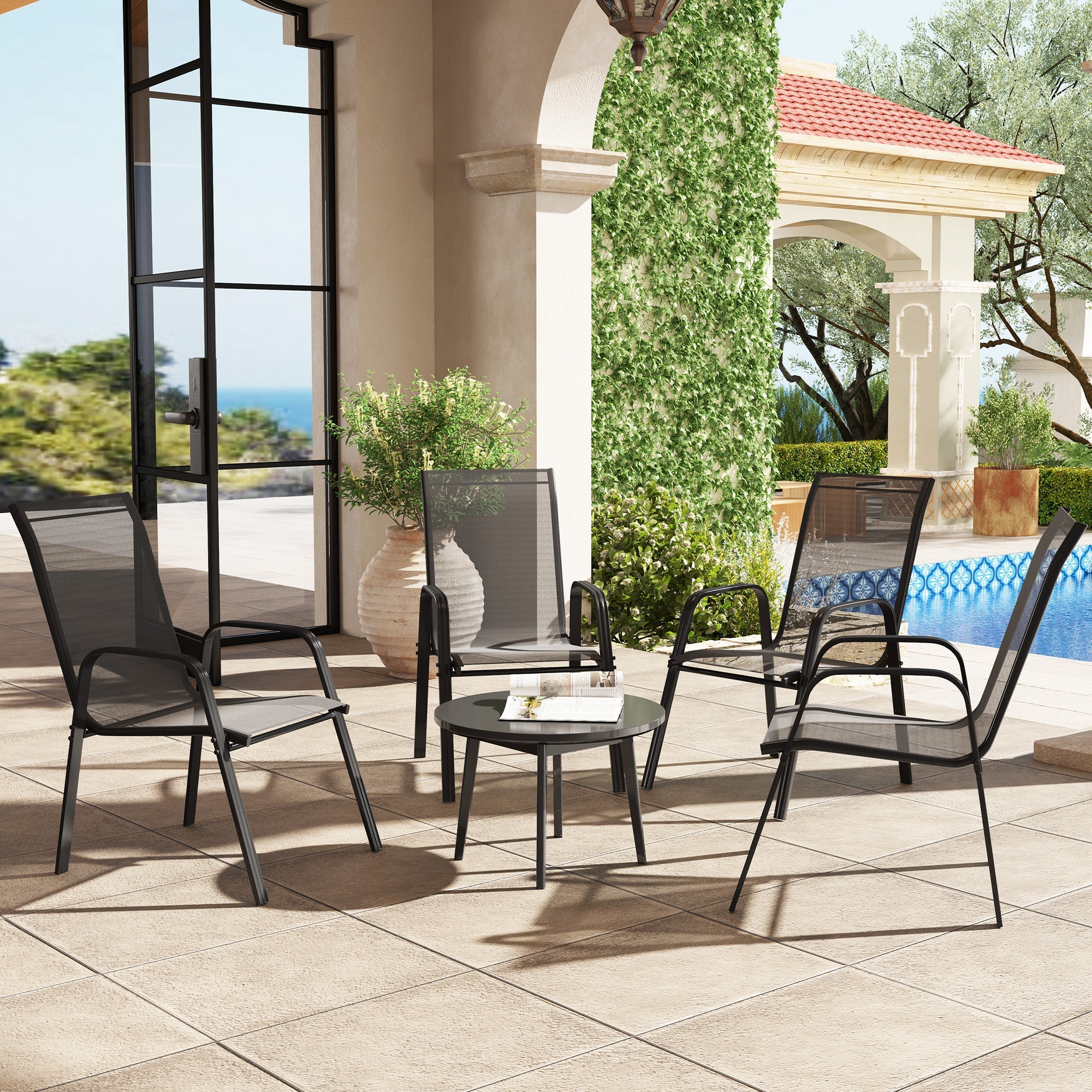 Outsunny Set of Four Stackable Mesh Seat Chairs - Black 