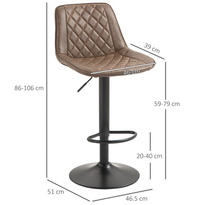 HOMCOM Bar Stools Set of 2, Retro Adjustable Kitchen Stool, Swivel PU Leather Upholstered Bar Chairs with Back, Footrest and Steel Base, Brown 