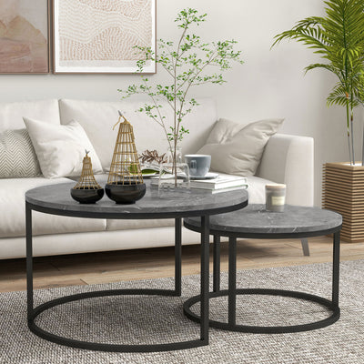 HOMCOM Industrial Nesting Coffee Table Set of 2, Round Coffee Tables, Living Room Table with Faux Marbled Top and Steel Frame 