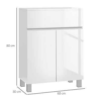 kleankin Freestanding Bathroom Cabinet, High Gloss Storage Cabinet with Doors and Adjustable Shelf, 60 x 30 x 80 cm, White 