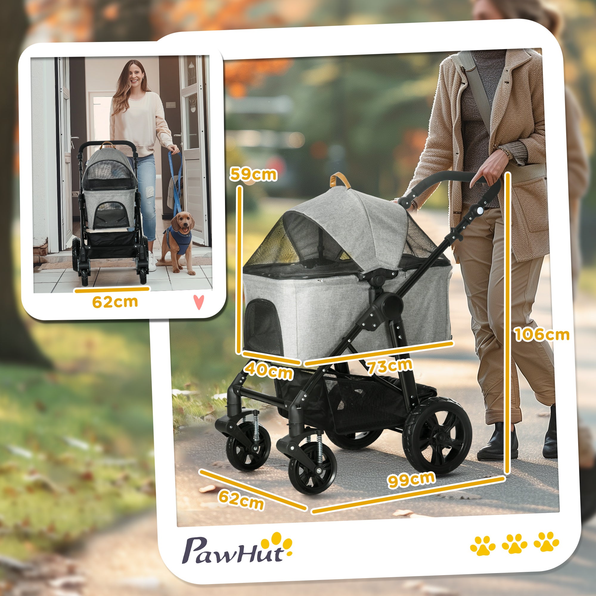 PawHut Dog Pram Pet Stroller for Small Dogs Cats, Foldable Dog Pushchair Trolley with Detachable Pet Carrier Bag, Shock Absorber, Adjustable Handlebar, Grey 
