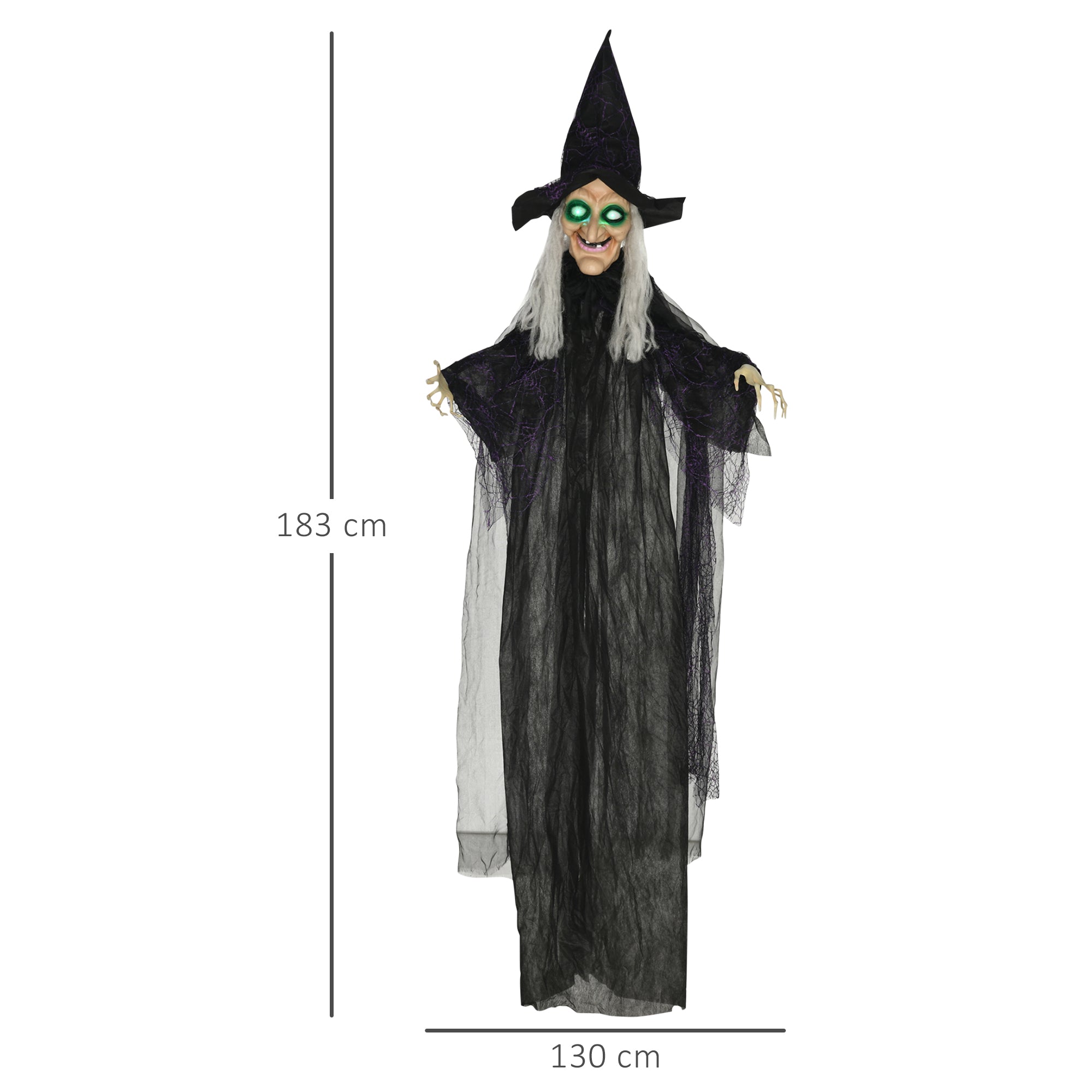 HOMCOM 6ft Outdoor Halloween Decoration Witch, Hanging Witch Prop Life Size with Sound and Motion Activated, Light Up Eyes, Talking Sound, Posable Arms