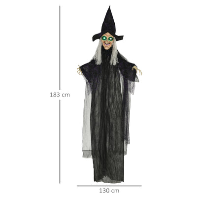 HOMCOM 6ft Outdoor Halloween Decoration Witch, Hanging Witch Prop Life Size with Sound and Motion Activated, Light Up Eyes, Talking Sound, Posable Arms 