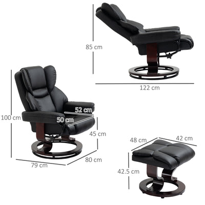 HOMCOM Faux Leather Recliner Chair and Footstool, Swivel Upholstered Armchair and Footstool with Adjustable Backrest, Solid Wood Base for Living Room, Black 