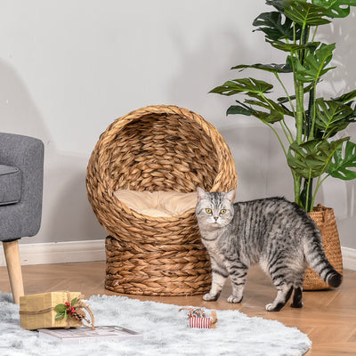 PawHut Wicker Cat Bed, Raised Rattan Cat Basket with Cylindrical Base, Soft Washable Cushion, 42 x 33 x 52cm - Brown 