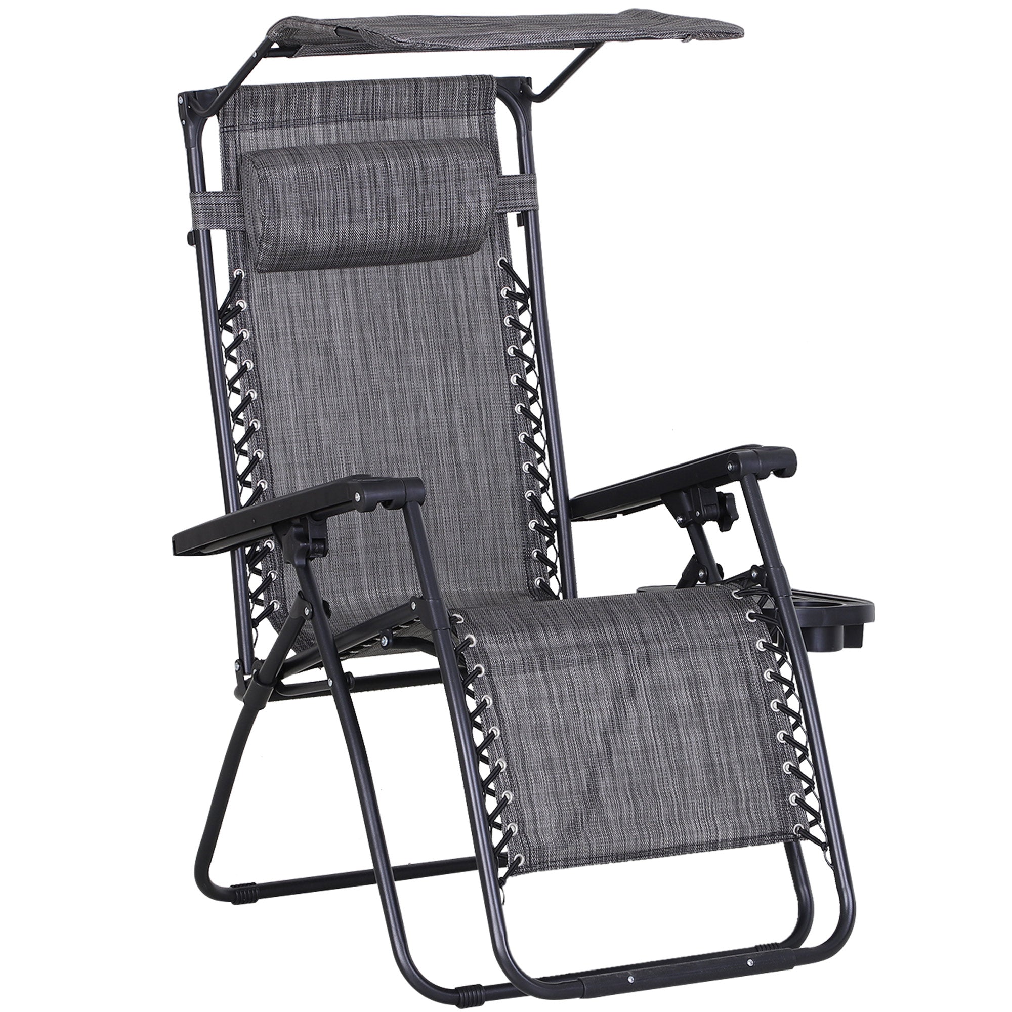 Outsunny Foldable Reclining Garden Chair with Headrest, Zero Gravity Deck Sun Lounger Seat Chair with Footrest, Armrest, Cup Holder & Canopy Shade, Grey 