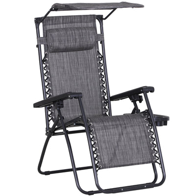 Outsunny Foldable Reclining Garden Chair with Headrest, Zero Gravity Deck Sun Lounger Seat Chair with Footrest, Armrest, Cup Holder & Canopy Shade, Grey 