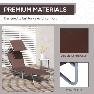 Outsunny 2 Pieces Outdoor Foldable Sun Lounger, 4 Level Adjustable Backrest Reclining Sun Lounger Chair with Angle Adjust Sun Shade Awning for Beach, Garden, Patio, Brown 