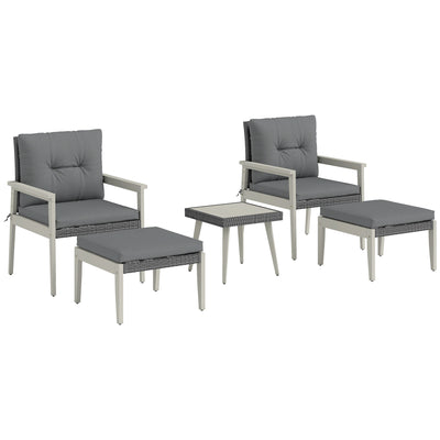 Outsunny 5 Pieces Rattan Garden Furniture Set, Patio Conversation Set with Cushions, Acacia Wood Top Coffee Table and Footstools, Outdoor Table and Chairs for Balcony, Terrace and Conservatory, Grey 