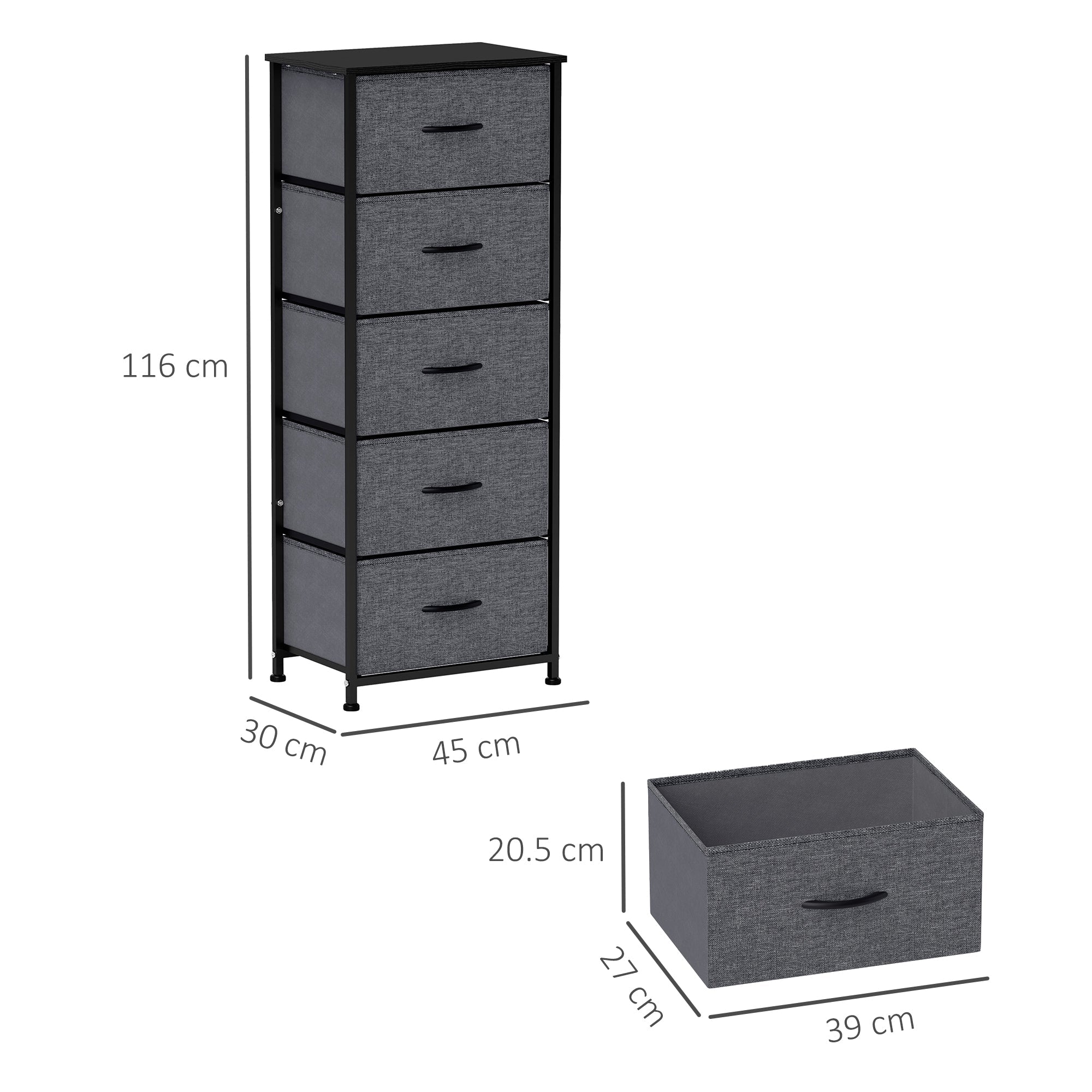 HOMCOM Fabric Chest of Drawers, Storage Drawers, Industrial Bedroom Dresser with 5 Fabric Drawers, Steel Frame and Wooden Top for Nursery, Living Room, Hallway, Dark Grey 