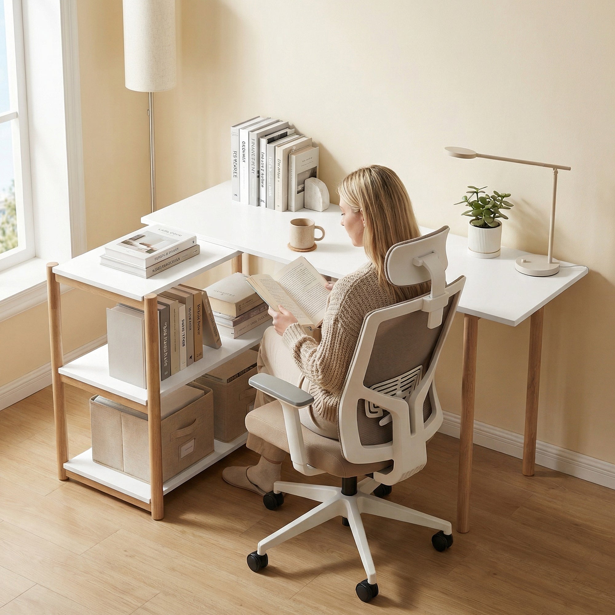 HOMCOM Computer Desk with Storage Shelves Modern Writing Desk Bamboo Frame for Home Office 150 cm White and Oak 