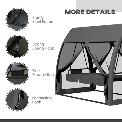 Outsunny Three-Seater Convertible Swing Chair/Bed, with Curtained Canopy - Grey 