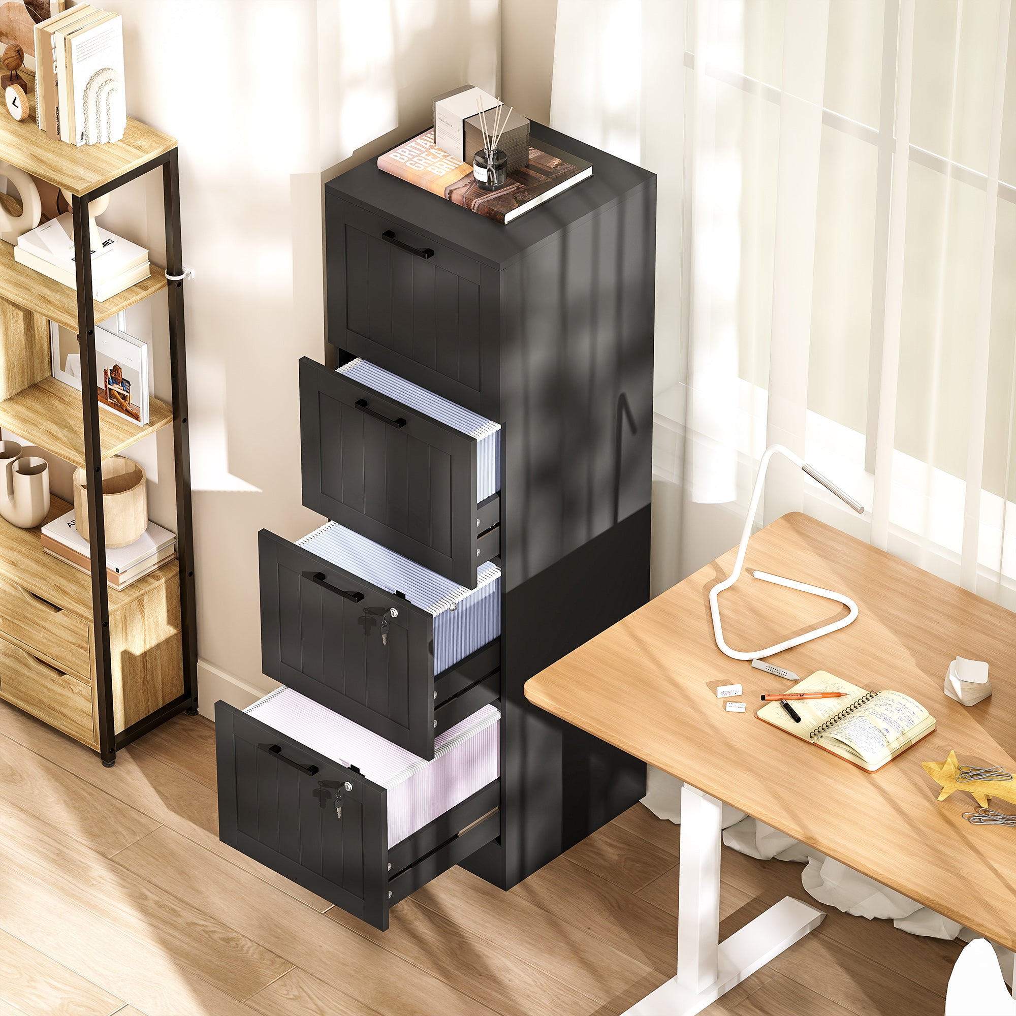 HOMCOM 4 Drawer Filing Cabinet with Lock, Office Storage Cabinet with Adjustable Hanging Bars for A4 Letter Size Files, Black 