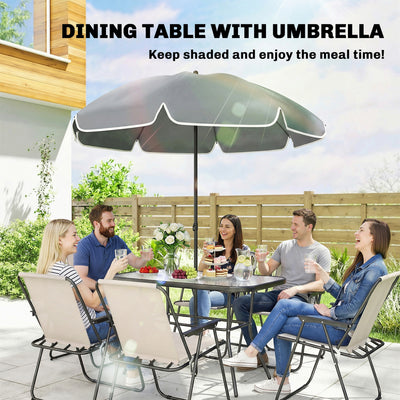 Outsunny 8 Piece Garden Dining Set with Umbrella Garden Furniture Set with 6 Folding Chairs, Tempered Glass Table for Patio Cream 