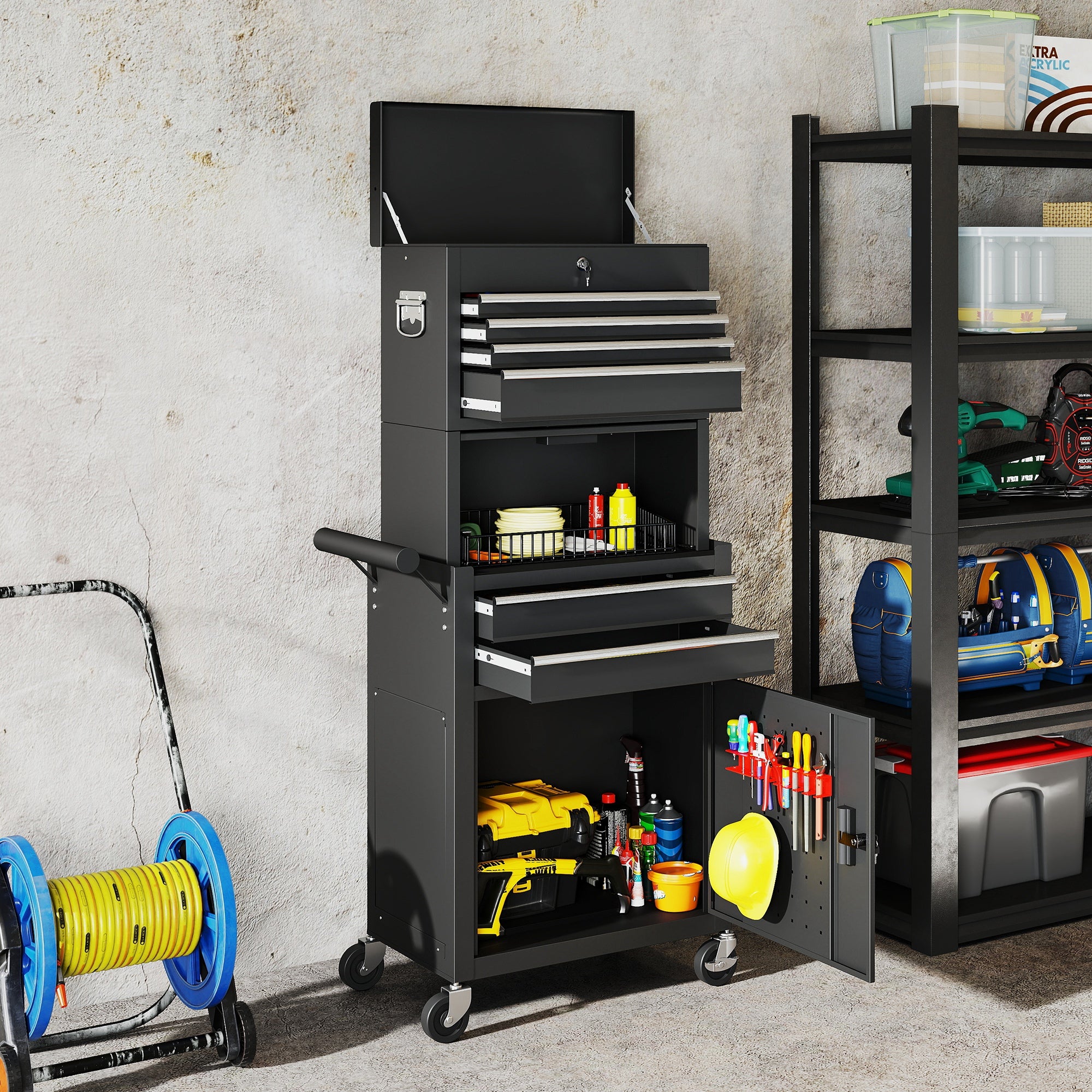 HOMCOM Three-Part Steel Locking Tool Chest - Black 