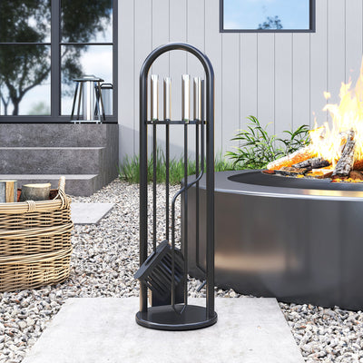 Outsunny 5 Pieces Fireplace Tools Set, Metal Fireplace Accessories Fireside Companion Set with Broom, Shovel, Poker and Bucket, Silver 