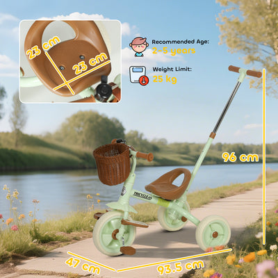 AIYAPLAY 2-In-1 Toddler Trike for 2-5 Years Old, 3 Wheel Bike with Adjustable Parent Handle, Basket for Boys and Girls, Green 