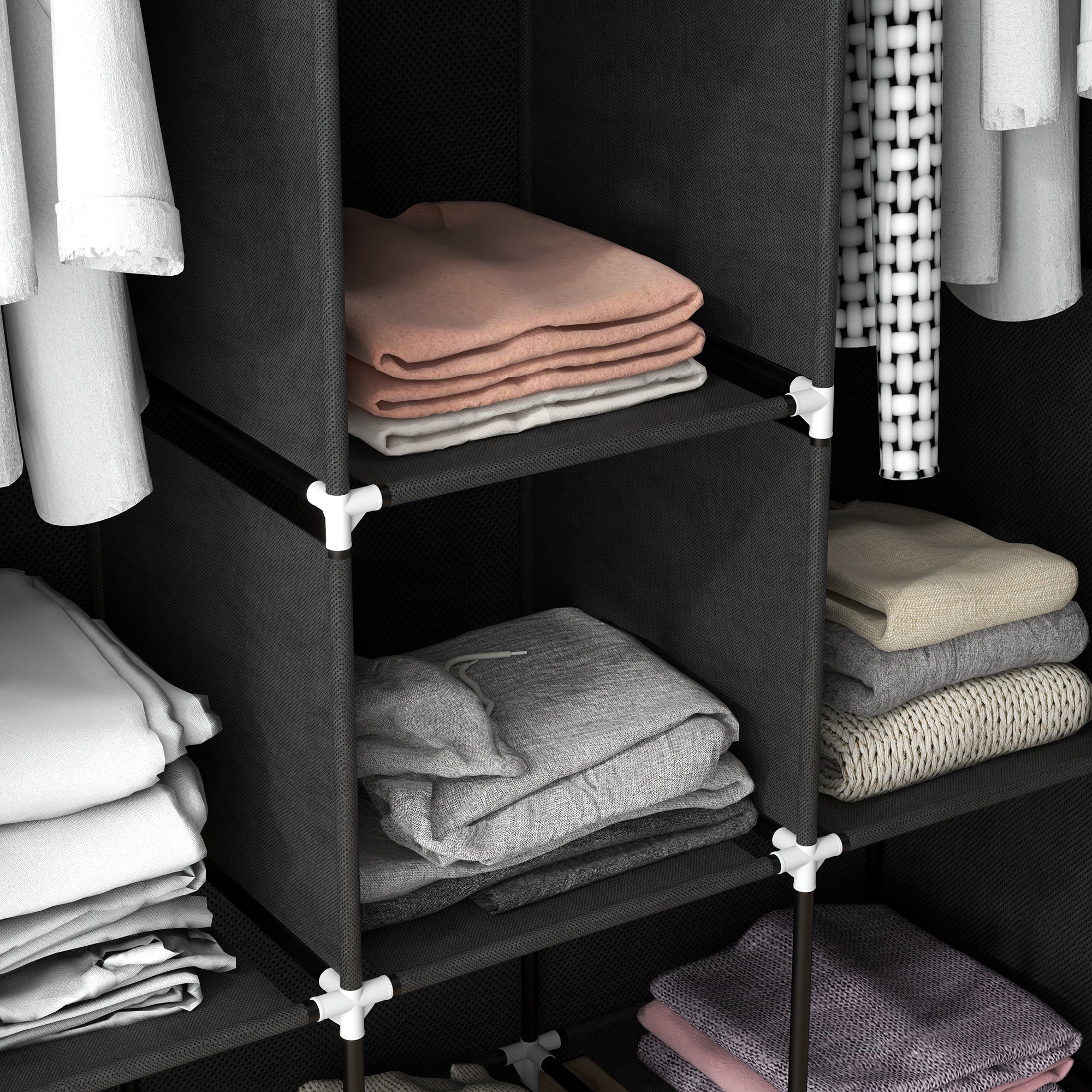 HOMCOM Fabric Wardrobe, Portable Wardrobe, Clothes Storage Unit with 8 Shelves, 2 Hanging Rods, 125 x 43 x 162.5 cm, Black 