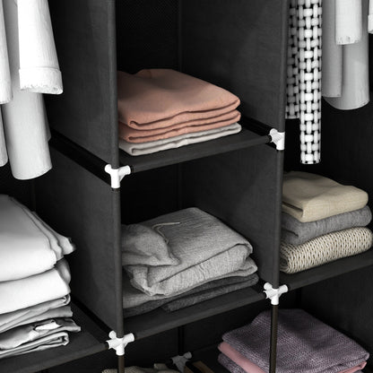 HOMCOM Fabric Wardrobe, Portable Wardrobe, Clothes Storage Unit with 8 Shelves, 2 Hanging Rods, 125 x 43 x 162.5 cm, Black 