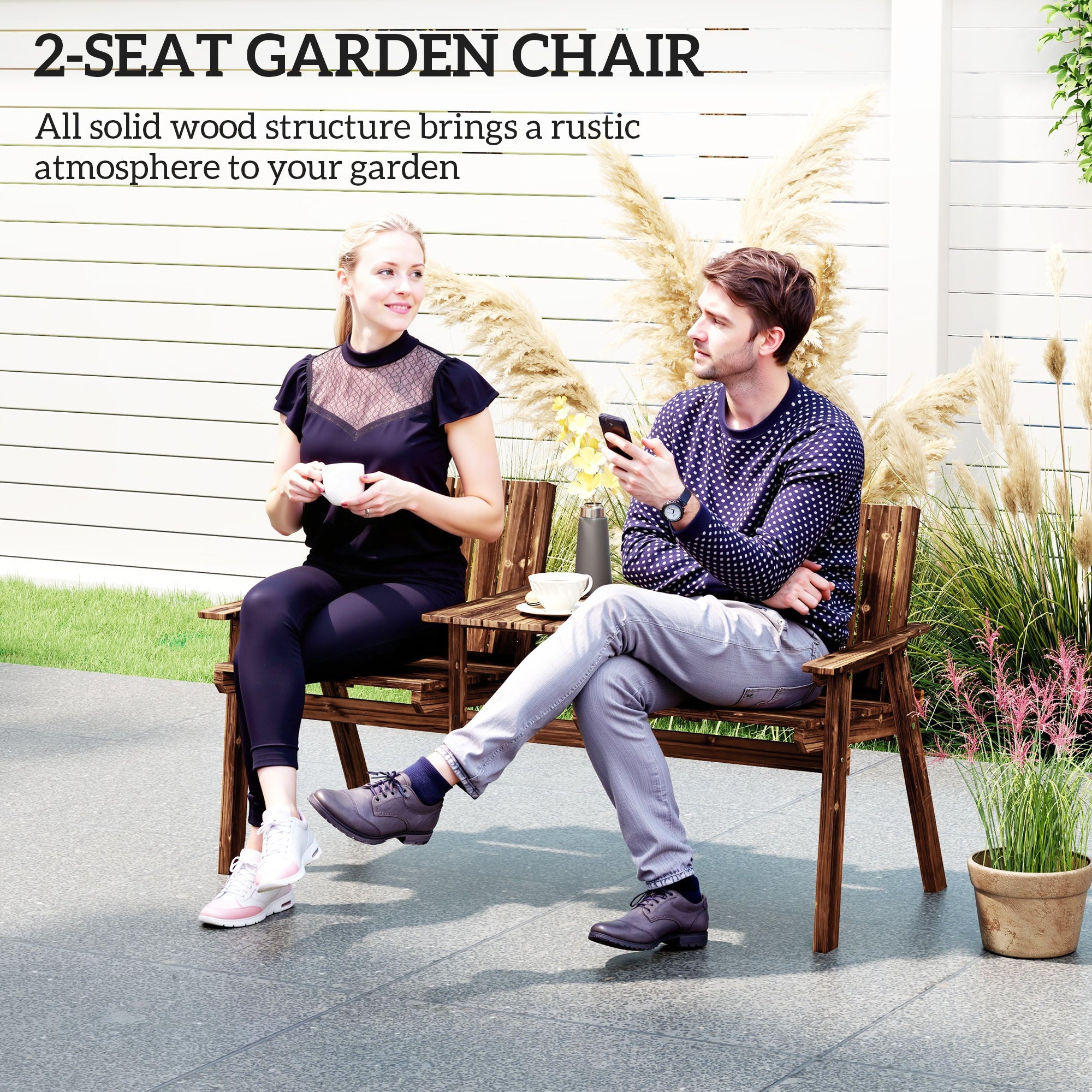 Outsunny 2-Seater Garden Bench with Table & Parasol Hole, Antique Loveseat for Porch, Patio, Carbonised Finish 
