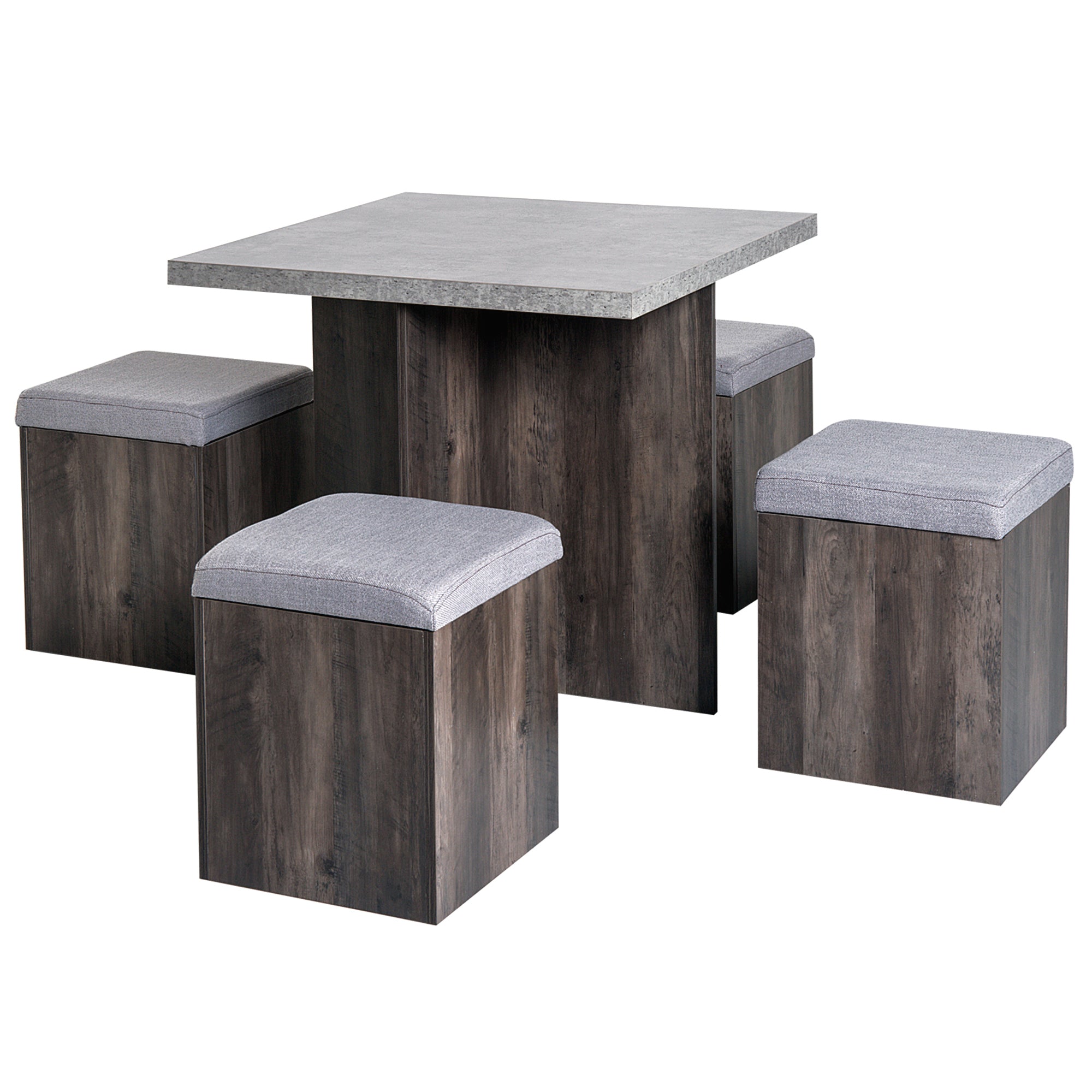 HOMCOM 5PC Dining Set Garden Patio Wooden Set 4 Storage Stools Footrest Ottoman with Cushions + 1 Table Space Saving Design Indoor Outdoor 