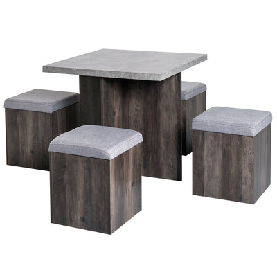 HOMCOM 5PC Dining Set Garden Patio Wooden Set 4 Storage Stools Footrest Ottoman with Cushions + 1 Table Space Saving Design Indoor Outdoor 