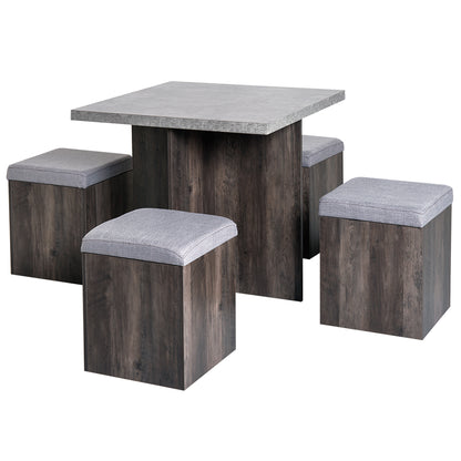 HOMCOM 5PC Dining Set Garden Patio Wooden Set 4 Storage Stools Footrest Ottoman with Cushions + 1 Table Space Saving Design Indoor Outdoor 