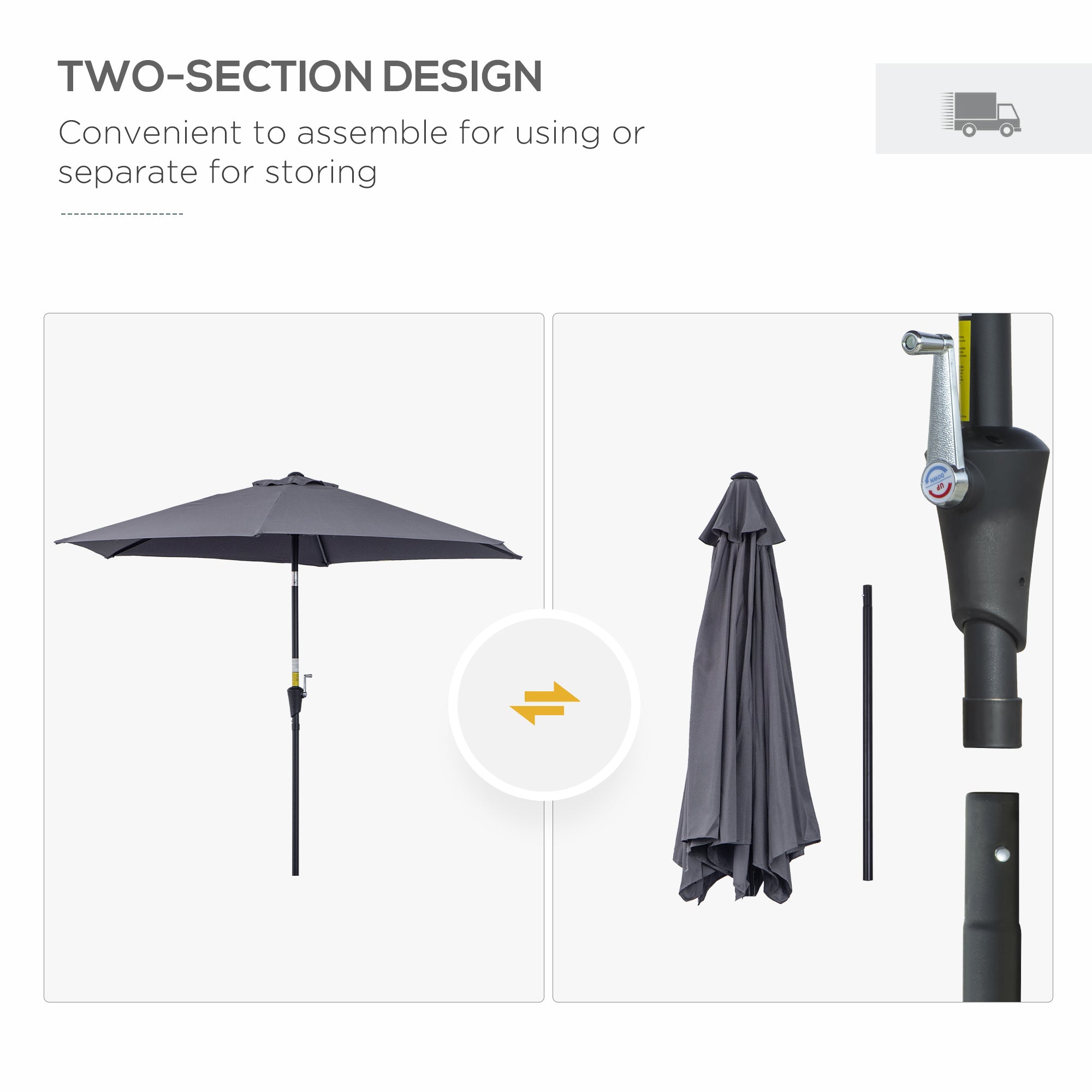 Outsunny 2.6M Garden Parasol Umbrella with Tilt and Crank, Outdoor Sun Parasol Sunshade Shelter with Aluminium Frame, Grey 