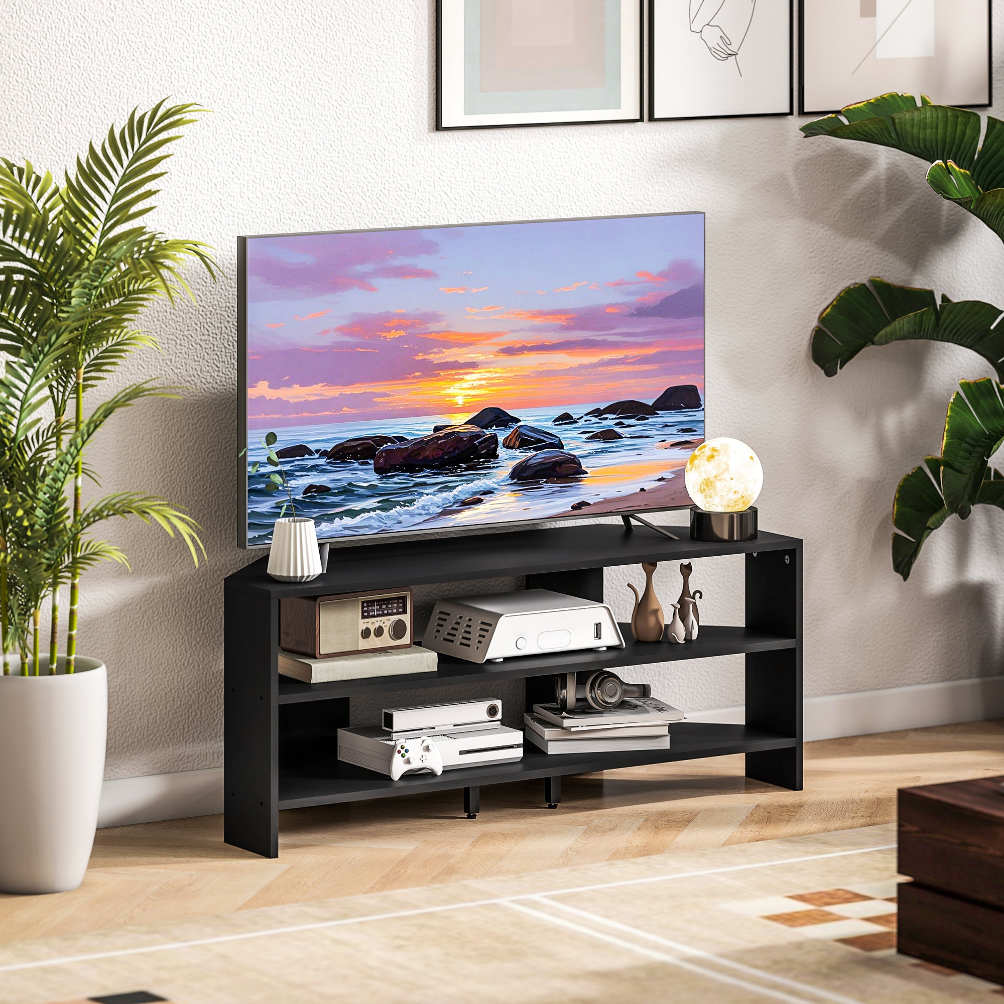 HOMCOM Corner TV Stand with 2 Open Shelves for 47 Inch TV - Black